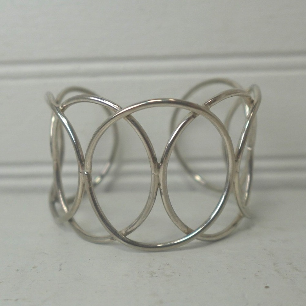 Y2K Silver Tone Wide Cuff Bracelet Open-work Chunky Circles Boho Modernist